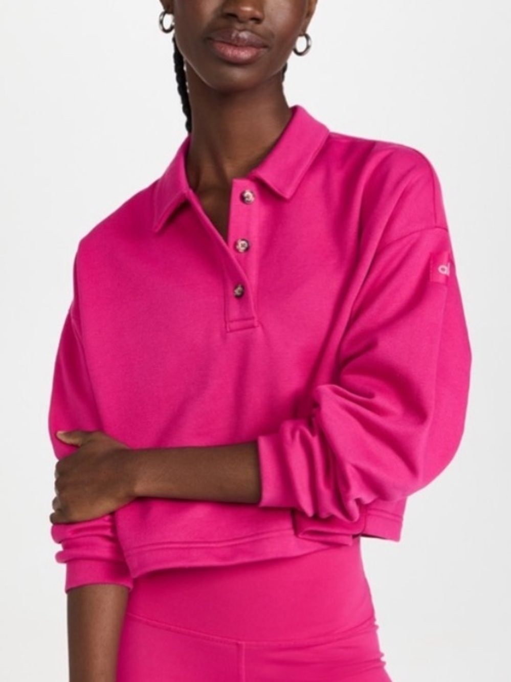 Alo Cropped Pink Polo Sweatshirt with Buttons - Women size S